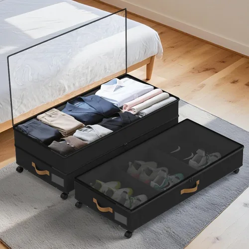 Miniatura 9 de Almacenamiento Debajo de la Cama con Ruedas Paquete de 4, 75L XXL Contenedores de Almacenamiento Debajo de la Cama Grandes, 30 cm de Alto negro