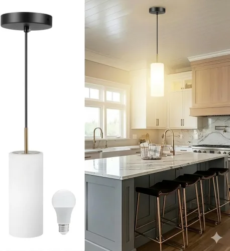 Lámpara colgante colgante (bombilla incluida) – Moderno accesorio negro y dorado para isla de cocina – Lámpara de techo colgante con altura
