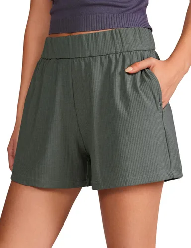 CRZ YOGA Cómodos pantalones cortos acanalados para mujer, de cintura alta, lyocell para uso casual, para descansar, atlético, con bolsillos