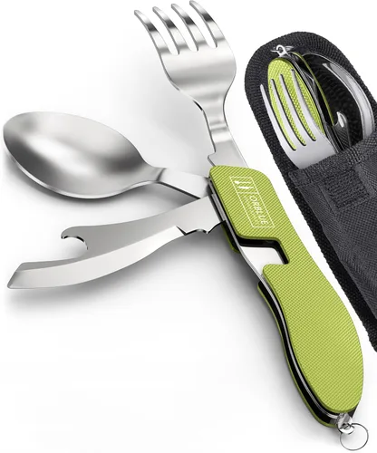 Orblue Juego de cubiertos de camping 4 en 1, paquete de 2 - Juego de cuchara, tenedor, cuchillo y abridor de botellas portátil - Cubiertos de acero