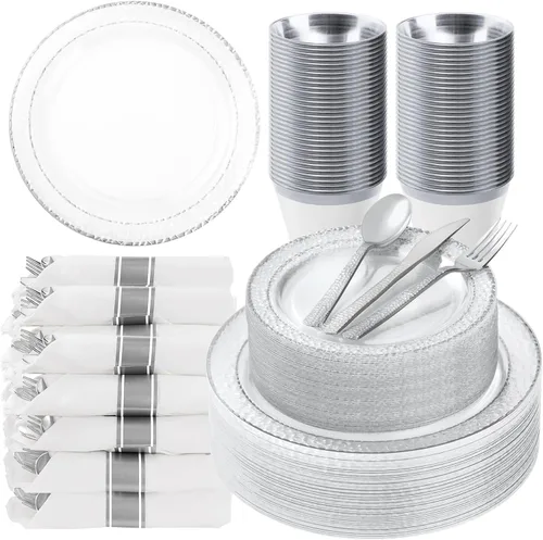 Bestluck 350 piezas platos de plástico transparente con ribete plateado para 50 invitados, juego de vajilla desechable para fiestas y bodas, incluye