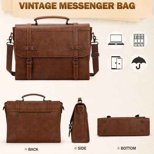 Miniatura 8 de RAINSMORE Bolsa de mensajero para hombre de 17 pulgadas, impermeable, de piel vintage, maletín para laptop, bolsa grande para laptop, bolsa de Marrón