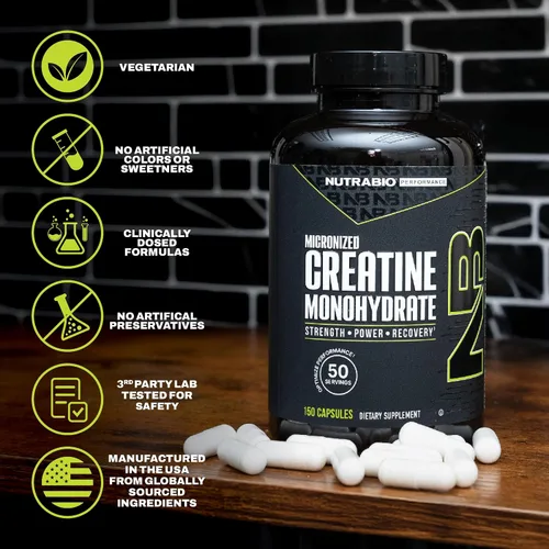Miniatura 6 de NutraBio Cápsulas de Monohidrato de Creatina Micronizada Pura, Píldoras de Creatina, Apoya la Energía Muscular para Volumen, la Recuperación
