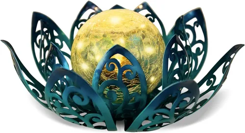 Miniatura 9 de Afirst Luces Solares para Exteriores, Lámpara Solar de Loto de Hadas para Decoración de Jardín, Bola Decorativa de Cristal Agrietado de Metal, Luz