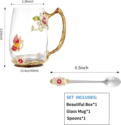 Miniatura 7 de Taza de té con flores, taza de café de vidrio transparente elegante con cuchara, caja de regalo para ella, mamá, esposa, abuela, niñas, amigas, idea