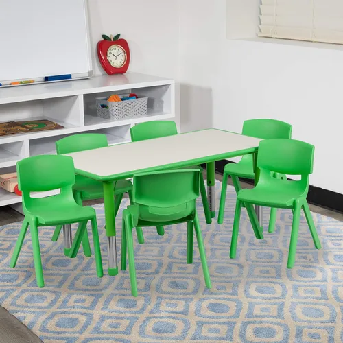 BizChair Juego de mesa de actividades de plástico verde de 23.625 pulgadas de ancho x 47.25 pulgadas de largo, 6 sillas