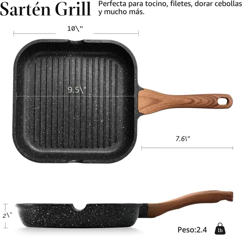 Miniatura 2 de Eslite Life Parrilla antiadherente de 9.5 pulgadas para cocina interior, sartén cuadrada grande versátil compatible con inducción para cocinar a