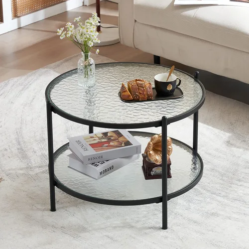 Miniatura 18 de VINGLI Mesa de Centro de Cristal, Mesa de Centro Redonda de 25.6" Dorado Champán para Sala de Estar, Mesa de Centro de Cristal de 2 Niveles con Oro