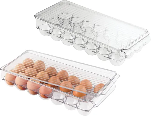 Miniatura 5 de iDesign - Soporte de plástico para huevos para refrigerador con tapa, contenedor de almacenamiento de 21 huevos, transparente y blanco