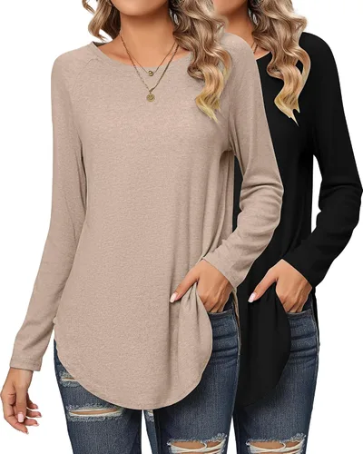 Miniatura 2 de Ficerd 2 Pack Women's Long Sleeve Shirts, Loose Fit Crew Neck Tunic Tops Loose Fit Side Split Basic Pullover Tee Shirts