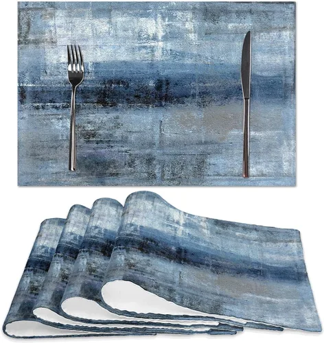 Juego de 4 manteles individuales modernos de arte abstracto azul y gris, resistentes al calor, antideslizantes, manteles individuales para comedor,