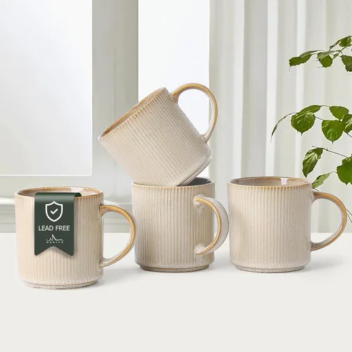 Miniatura 17 de MONITO Juego de 6 Tazas de Café de 16 Oz, Juego de Tazas de Café de Cerámica Rústica con Mango Grande, Vintage, Tazas de Café de Gres Rayadas