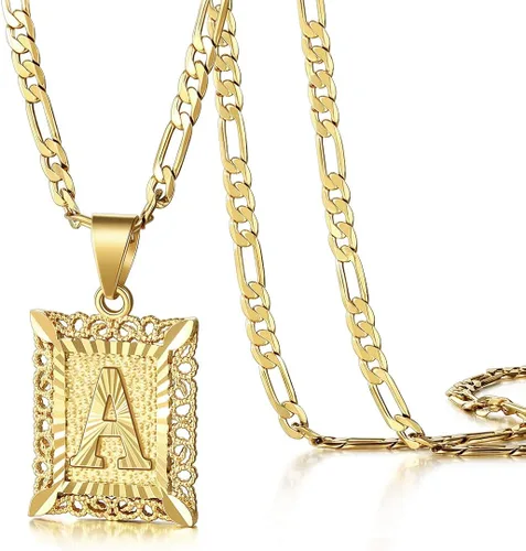 KissYan Collar Figaro con dije y letra inicial para hombres y mujeres collar chapado en oro de 18 quilates con dije de monograma cuadrado letras del