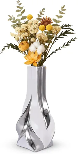 Miniatura 11 de Jarrón de cerámica verde y dorado de 10.6 pulgadas, moderno jarrón de flores geométrico para centro de mesa de comedor, elegante jarrón decorativo