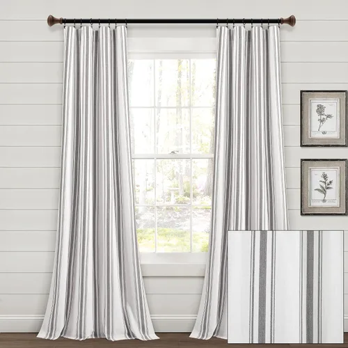 Miniatura 6 de Lush Decor Farmhouse Stripe - Par de paneles de cortinas de ventana de algodón teñido con hilo a rayas, 42" A x 84" L, Gris - Encanto rústico