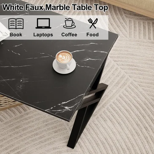Miniatura 5 de Wolawu - Mesa de café para sala de estar, mesa central negra, mesa de té rectangular moderna y simple de mármol falso con marco de metal acabado