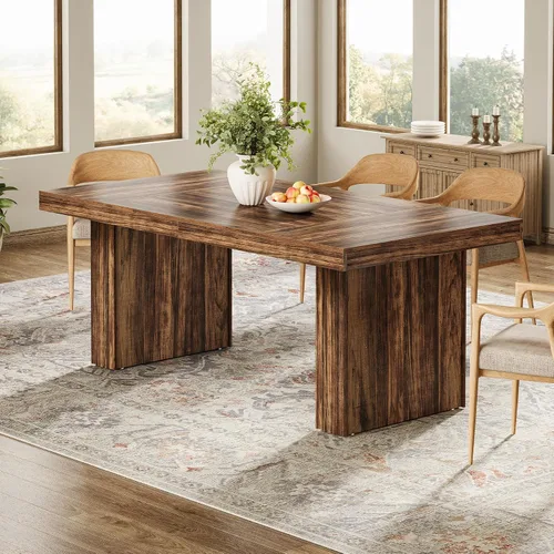 Miniatura 10 de Tribesigns Mesa de comedor de granja de 63 pulgadas para 6, mesa de cocina moderna con línea acanalada para comedor, sala de estar, natural