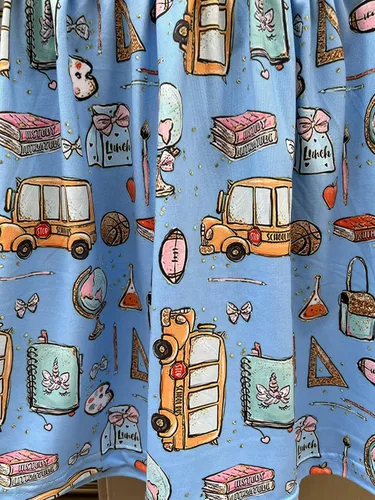 Miniatura 13 de Vestidos de regreso a la escuela para niñas pequeñas: manzana, lápices, ratón de biblioteca, autobús escolar, pegamento, telurión, pizarra arcoíris
