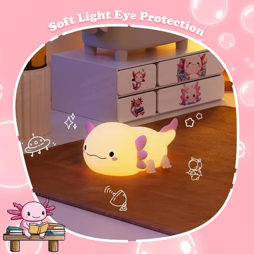 Miniatura 5 de Axolotl Luz de noche, lámpara LED rosa de silicona para niños Control táctil blando, temporizador de 20 minutos, lámpara de noche, soporte