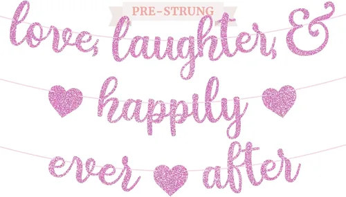 Miniatura 9 de Cartel preencordado con texto en inglés "Love Laughter & Happily Ever After", "No hazlo tú mismo" – Cartel dorado con purpurina para despedida