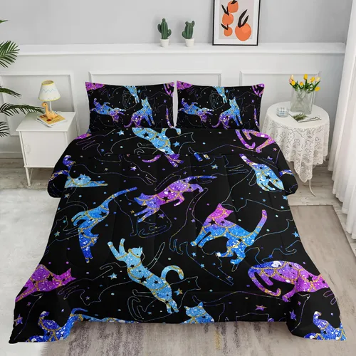 Miniatura 16 de Axolotl Juego de edredón de dibujos animados con diseño de gato de caricaturas, juego de ropa de cama con estampado de dibujos animados y escamas