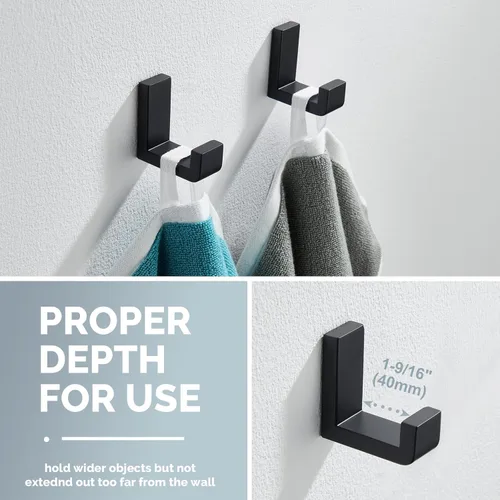 Miniatura 3 de Gancho Simple de Ángulo para Toalla Negro Mate 2 Pack, Gancho para Abrigo de Baño de Acero Inoxidable 304 para Pared