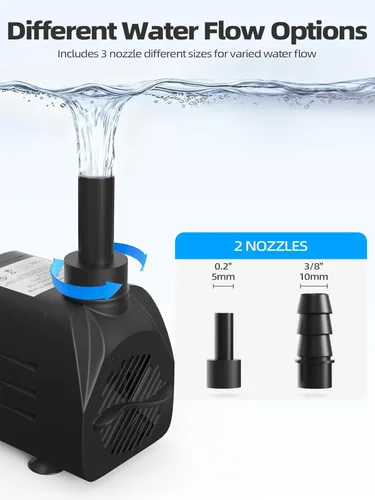 Miniatura 5 de Bomba de fuente pequeña de 160GPH (600L/H, 10W), bomba de agua sumergible ultra silenciosa con 3.93 pies de elevación alta y manguera de 4.9 pies, 2