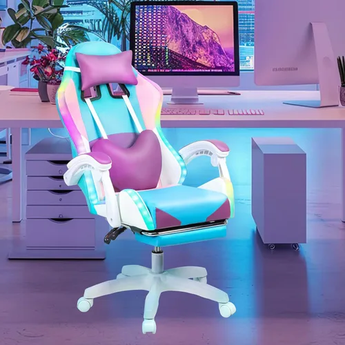 Miniatura 2 de Sillas de juegos para adultos, silla de computadora con reposapiés y respaldo alto ergonómico, luz LED, sillas giratorias de 360° en altura