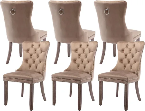 Miniatura 55 de Juego de 4 sillas de comedor de terciopelo, sillas de comedor tapizadas con ribete de cabeza de clavo, patas de madera, anillo de tracción, sillas