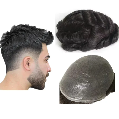 Miniatura 13 de N.L.W. Prótesis de cabello humano europeo para hombre, toupee para hombres con piel fina transparente PU 10x8 tamaño base piezas de cabello humano