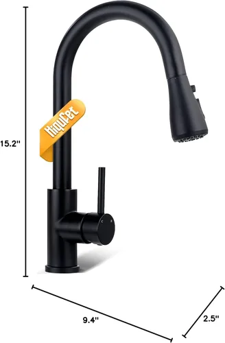 Miniatura 8 de Hiqufet Grifo de cocina negro con rociador desplegable, Grifos de fregadero de cocina para autocaravana para llenador de ollas, Fregadero de bar