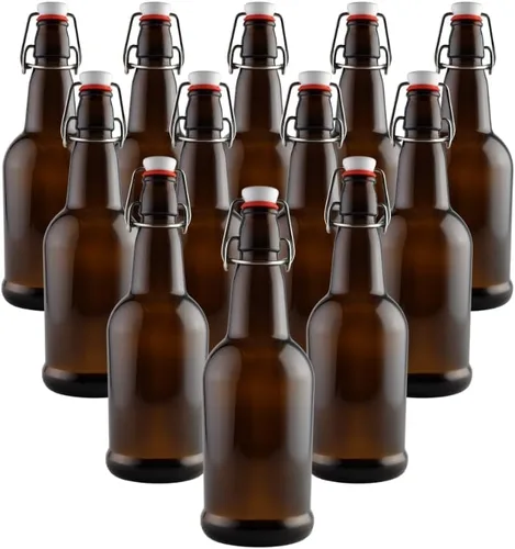 FastRack Botellas de vidrio Swing Top de 33 onzas, paquete de 12, botellas de vidrio con tapa abatible ámbar con tapas herméticas, botellas de