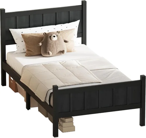 Miniatura 8 de Bellemave Cama de panel plano de tamaño individual con cabecero y estribo, cama de plataforma minimalista y moderna con acabado de grano de madera