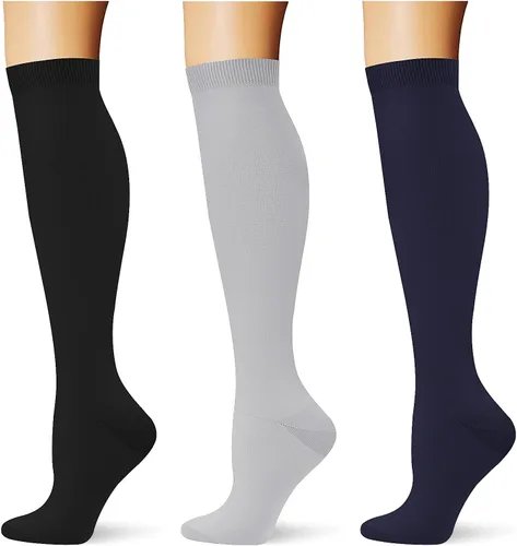 Miniatura 13 de (3 pares) Calcetines de compresión 20-30 mmHg, calcetines largos hasta la rodilla para mujeres y hombres, soporte atlético, para viajes y uso diario