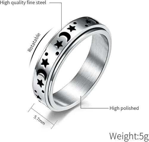 Miniatura 3 de Anillos giratorios de acero inoxidable de titanio con estrella de luna negra para mujeres hombres adolescentes niñas delicados anillos giratorios