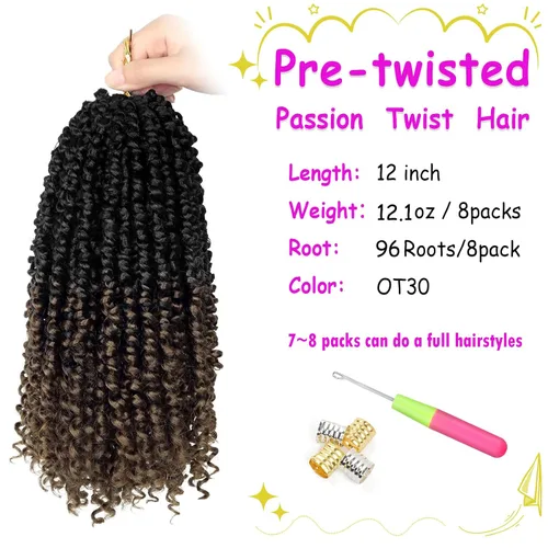 Miniatura 3 de Bileaf Paquete de 8 de cabello de ganchillo trenzado de pasión de 6 pulgadas para mujeres, pelo corto de ganchillo trenzado de pasión pretrenzado
