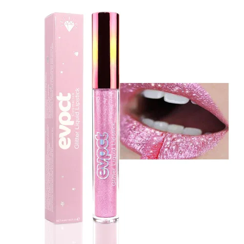 Miniatura 7 de evpct Juego de lápiz labial y brillo de labios 2 en 1 con purpurina color rosa nude metálico brillante para mujeres, de larga duración, impermeable