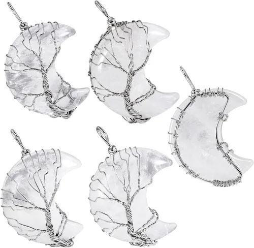 Miniatura 4 de TUMBEELLUWA 2 collares de árbol de la vida envueltos en alambre de cristal natural con piedra curativa de media luna para pareja