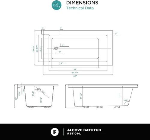 Miniatura 8 de Fine Fixtures - Tina de inmersión blanca con reborde incorporado para azulejos, material acrílico de fibra de vidrio