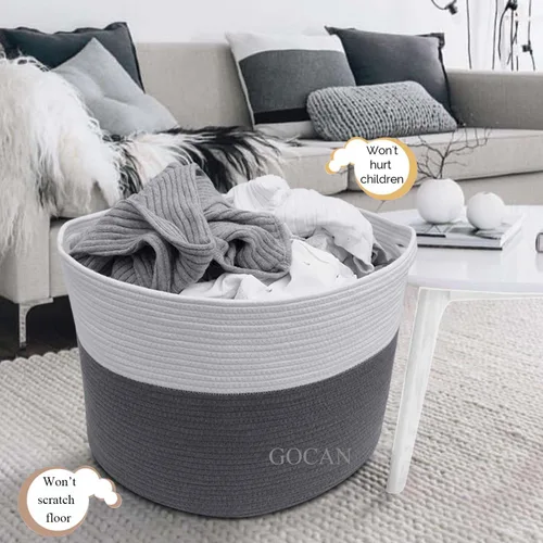 Miniatura 2 de GOCAN Cesta de lavandería extragrande para almacenamiento de juguetes 22"X22"X14" cesta para mantas de cuerda de algodón tejida con asas para sala