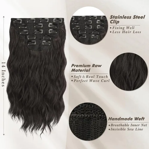 Miniatura 3 de BARSDAR Extensiones de cabello ondulado con clip negro marrón - 14 pulgadas, extensiones de cabello corto ondulado con clip para mujer - 5 piezas