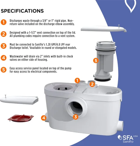 Miniatura 6 de SFA SANIFLO - Saniaccess 3 - Bomba de maceración para baño completo - Instalación versátil - Acero inoxidable endurecido - Paneles de acceso