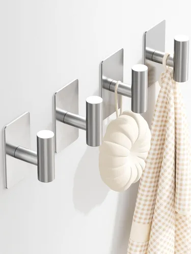 GWAAZXGZ Ganchos para toallas para baños, paquete de 4, acabado plateado cepillado, ganchos de pared adhesivos de acero inoxidable en forma de T