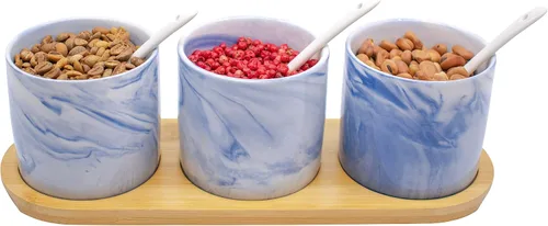 Miniatura 2 de Juego de 3 tarros de especias de cerámica de mármol con cucharas y tapas de bambú y bandeja (azul)