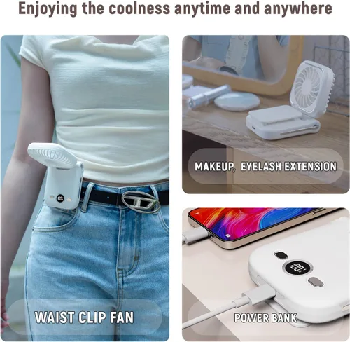 Miniatura 3 de Mini ventilador de mano portátil recargable con clip de mano personal con pantalla LED, funciona con batería de bolsillo, ventilador pequeño Azul