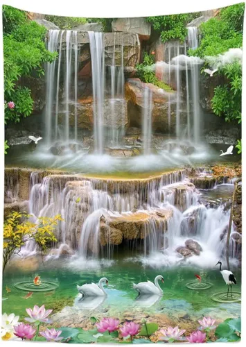 Miniatura 7 de BELECO Tapiz de bosque verde, hermoso tapiz de cascada de selva tropical, bosque de primavera, paisaje natural, fondo de fotos, tapices de pared