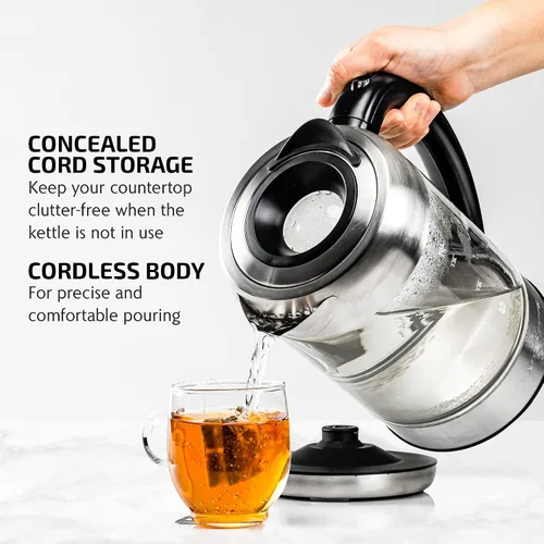 Miniatura 8 de OVENTE Hervidor eléctrico con vidrio de borosilicato de 1.7 L, hervidor de agua instantáneo de 1500 W y calentador para café o té, libre de BPA