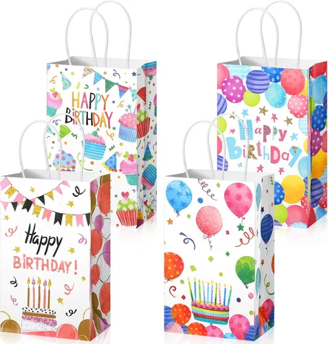 Fulmoon 36 bolsas de regalo de feliz cumpleaños, a granel, bolsas de regalo de feliz cumpleaños con asa, suministros de papel colorido para fiestas