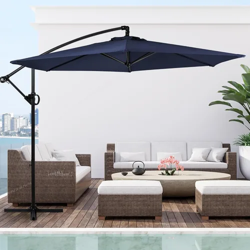 Miniatura 2 de Shintenchi Sombrilla de patio con inclinación fácil, manivela y base cruzada, para exteriores, voladizo, para colgar, toldo para protección solar