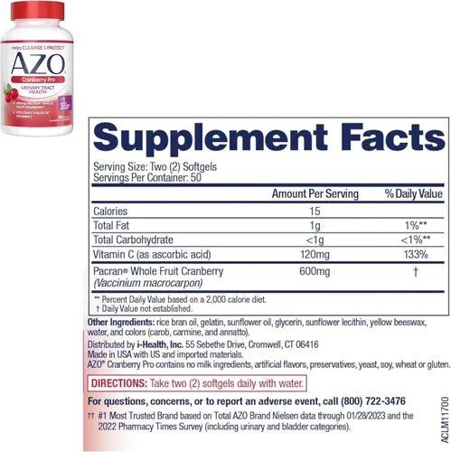 Miniatura 2 de AZO Cranberry Pro Suplemento para la salud del tracto urinario 600 mg PACRAN, 1 porción = más de 1 vaso de jugo de arándano 100 CT + D Manosa Salud